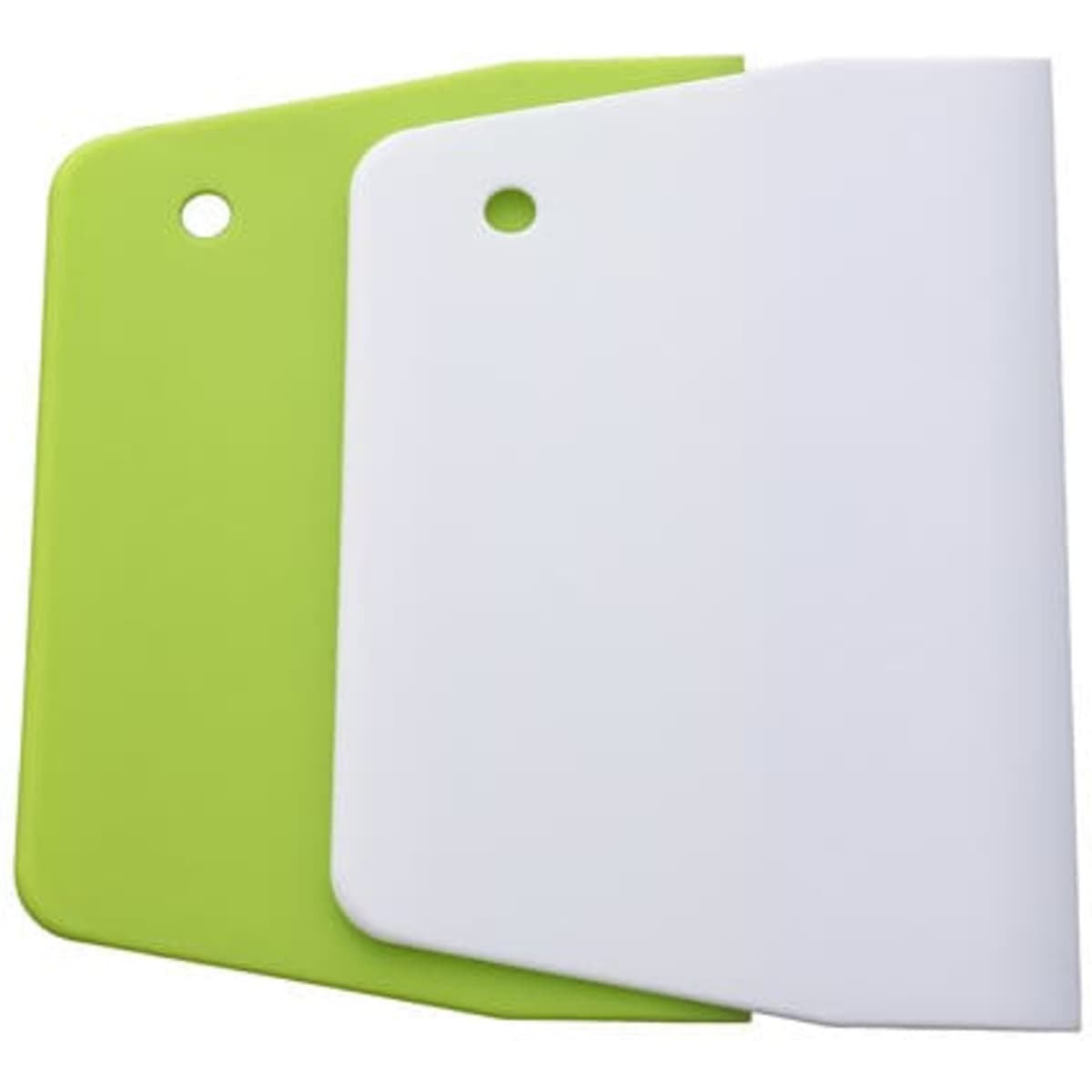 Two plastic baking dough scrapers in green and white, with a rounded edge and a hole for hanging. One has a branding logo.