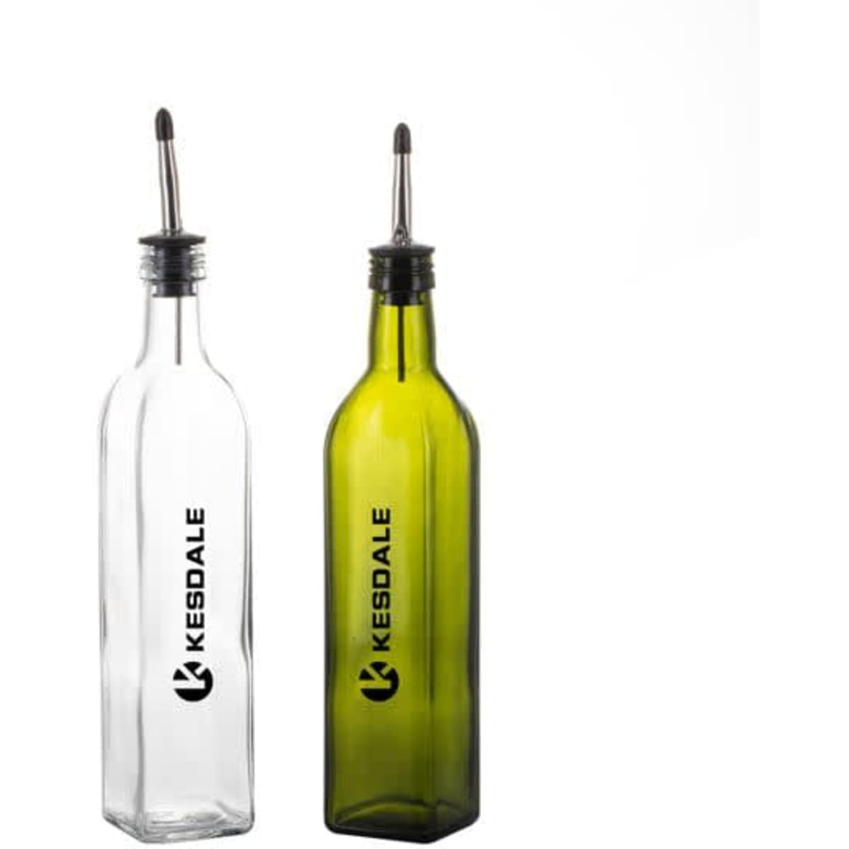 A set of two 250ml olive oil dispenser bottles, one clear and one green, each with a spout and a logo.