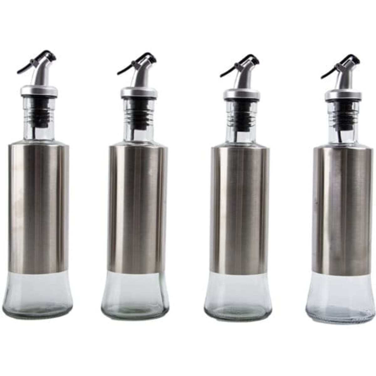 A drink bottle featuring a stainless steel and glass design with a silver nozzle, displayed from multiple angles.