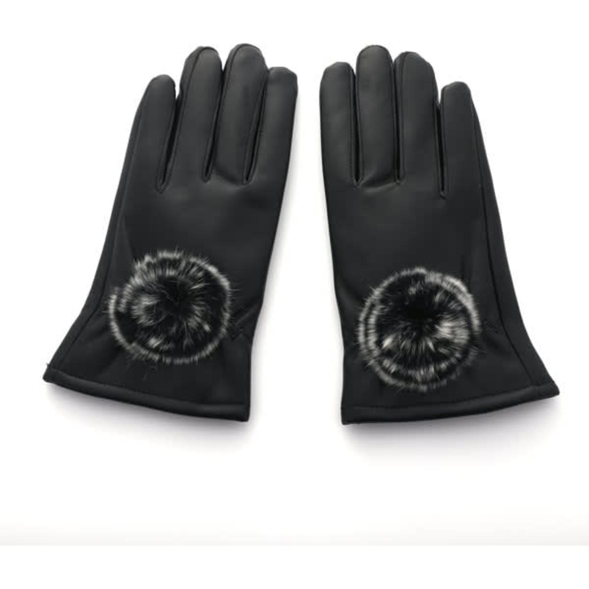 Black PU leather gloves with a decorative pom pom. Features a logo on the inside.