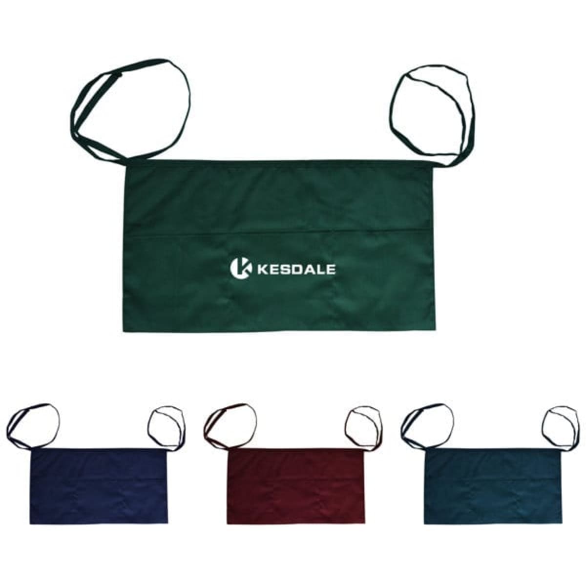A green custom half apron with ties, featuring a logo, alongside navy, burgundy, and dark blue variants.