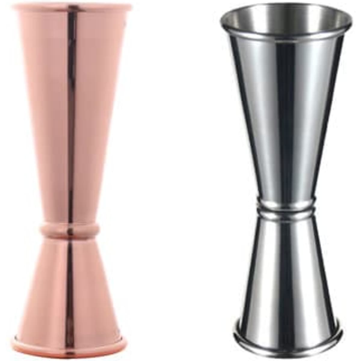 A stainless steel and copper double jigger cocktail measuring cup with a sleek design and a shiny finish.