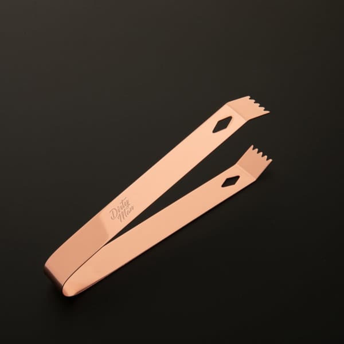 A pair of copper-finished ice tongs with a distinctive design and a logo on the side.