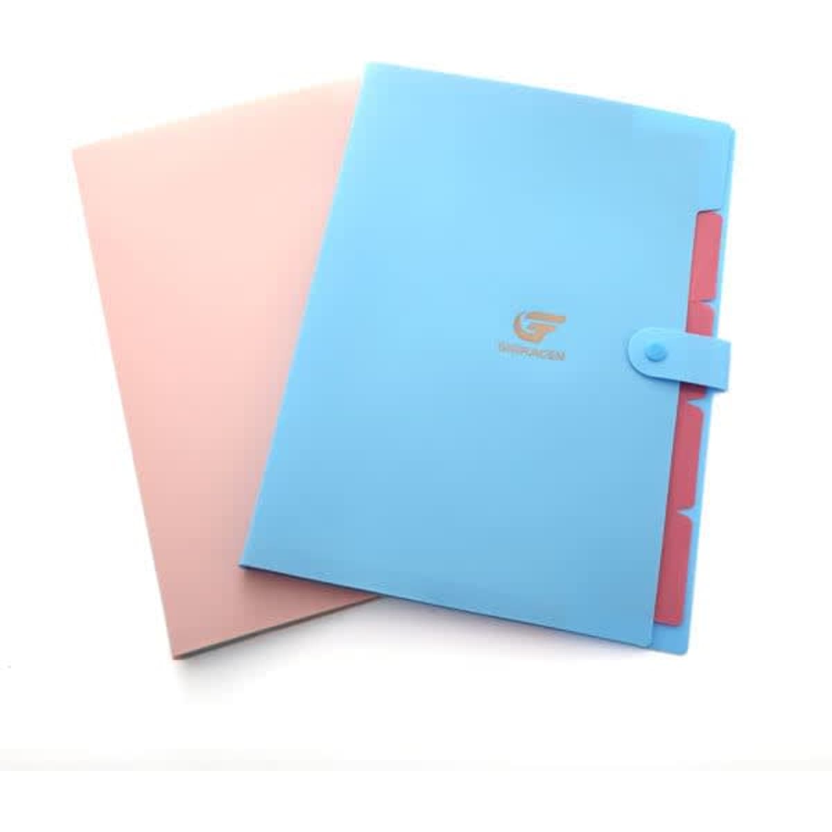 A blue and pink expanding file folder with five pockets, featuring a logo on the front.