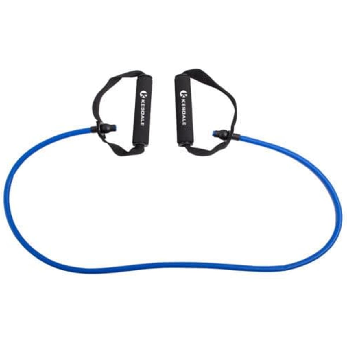 A blue resistance band with black handles, featuring a logo, designed for fitness and exercise purposes.