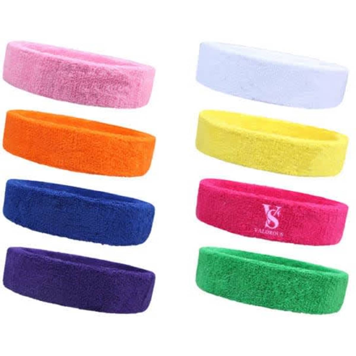 A selection of Terry Cotton Sports Headbands in pink, white, orange, yellow, green, purple, and blue with a logo.