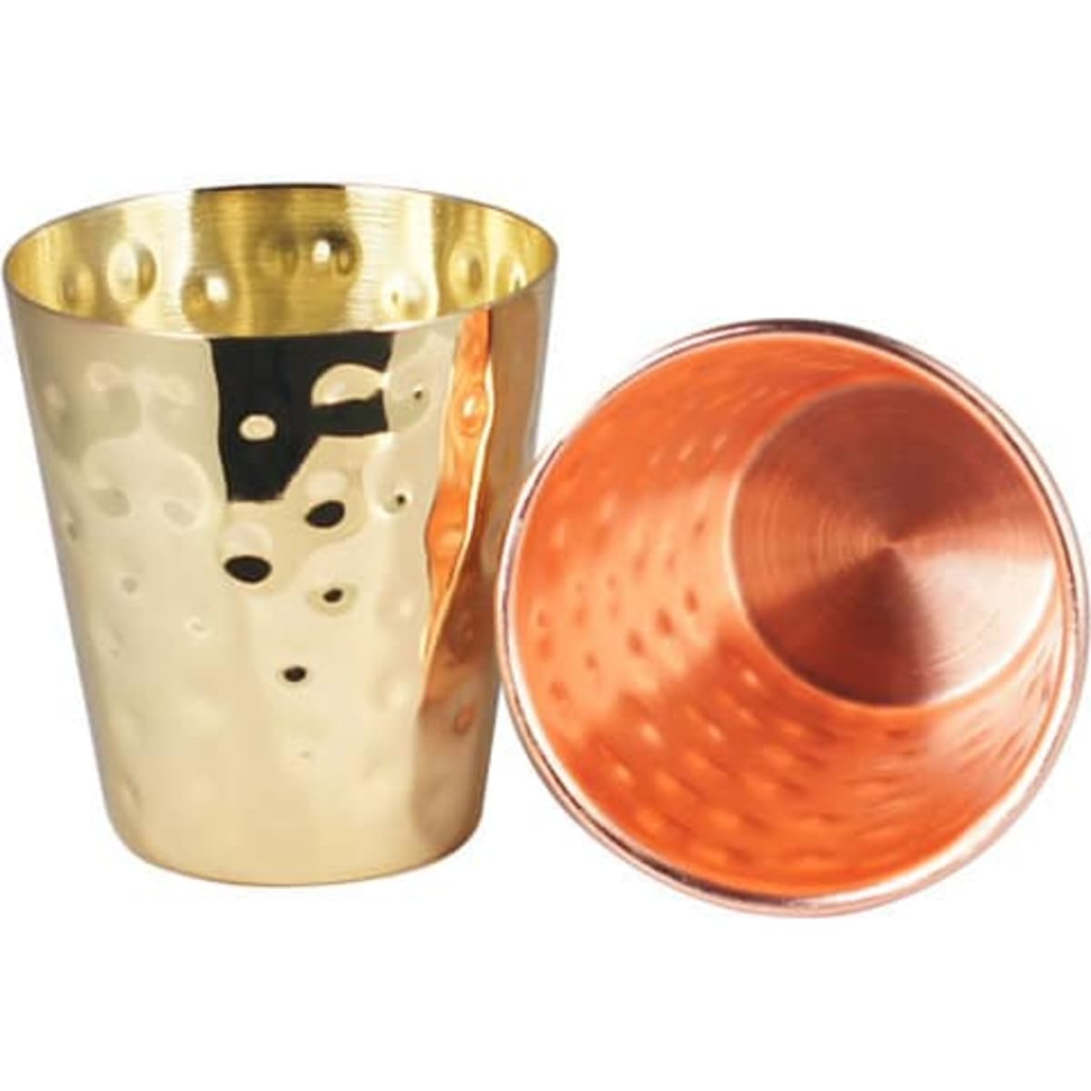 Two 2 oz. hammered copper shot glasses, showcasing a shiny copper exterior and a gold-toned interior.