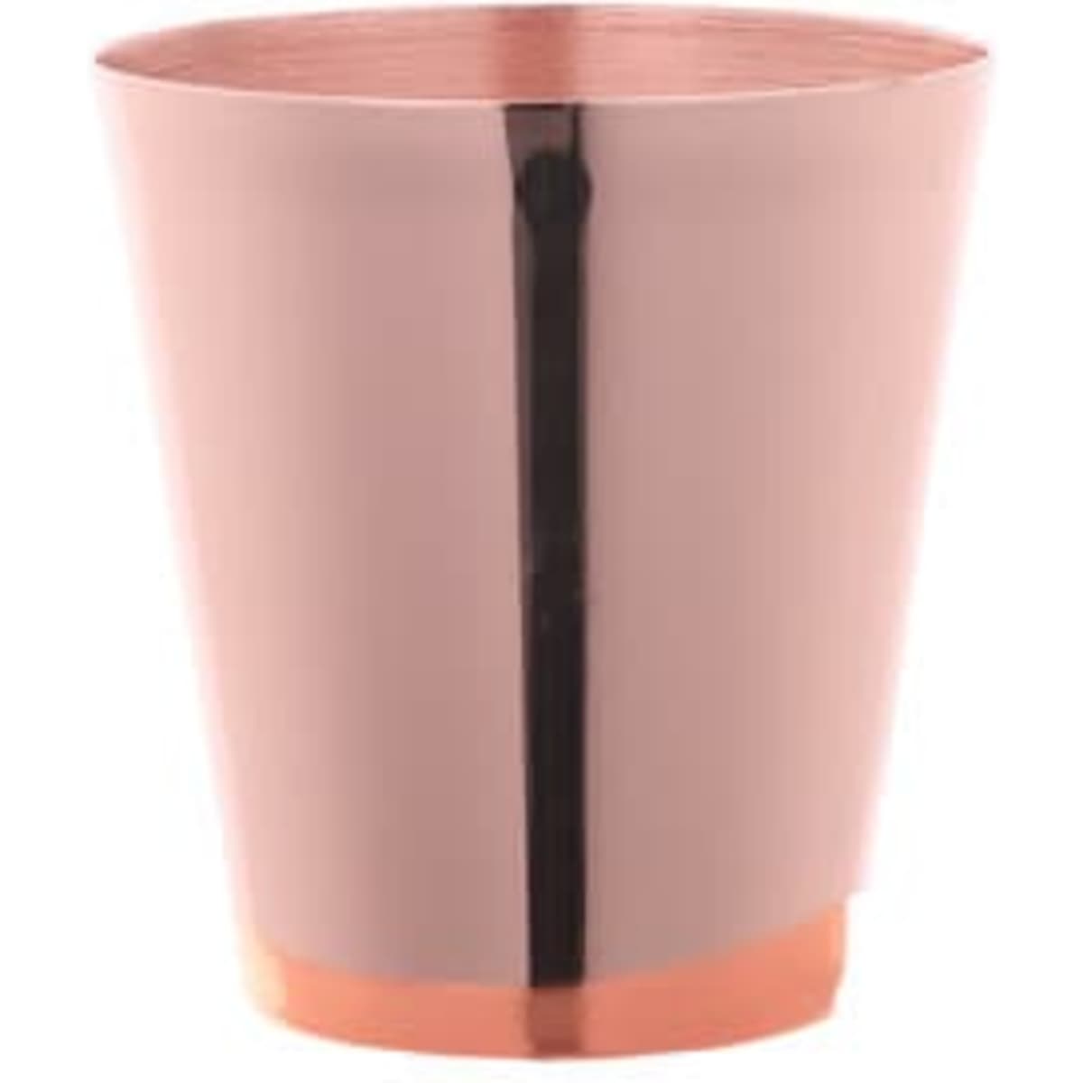 A copper shot glass with a sleek, shiny finish, featuring a tapered design and a reflective surface.