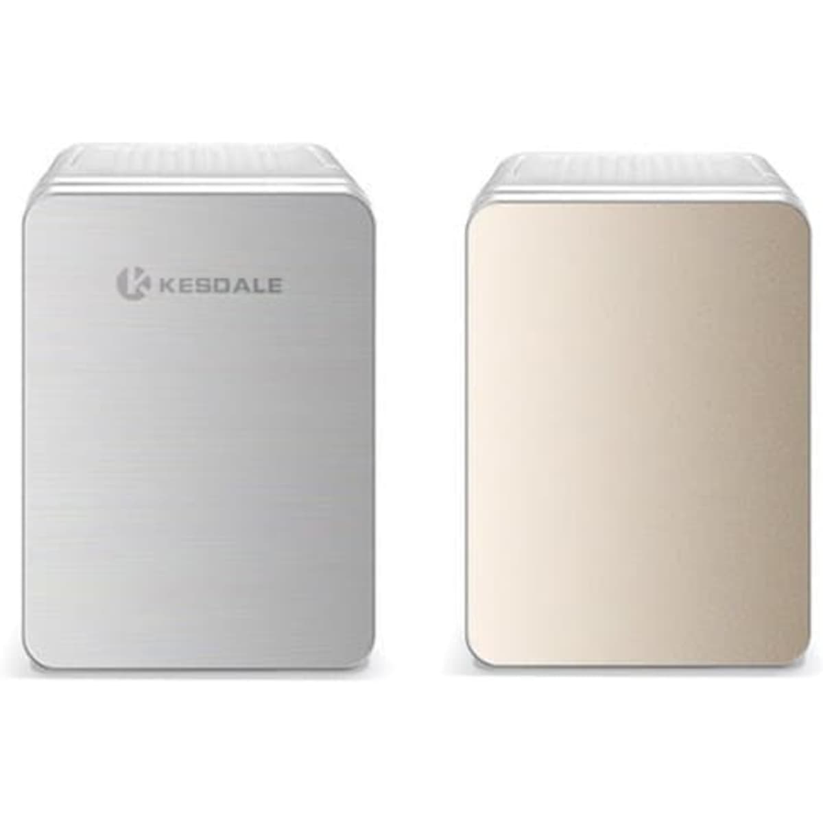 A mini fridge in silver and beige, featuring a logo, ideal for miscellaneous homeware.
