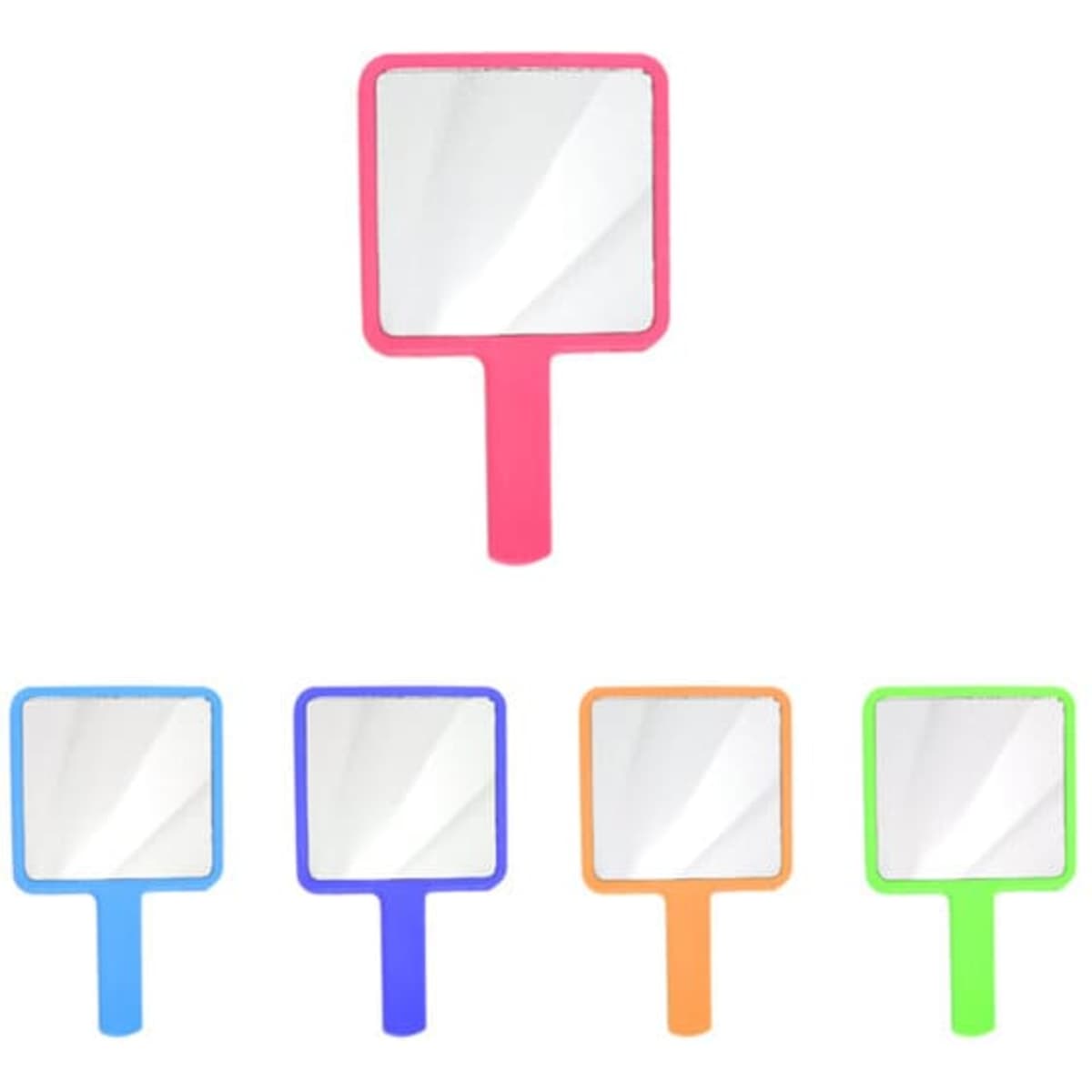 A square-shaped handheld mirror in various colours: pink, blue, green, orange, and purple, with a handle.