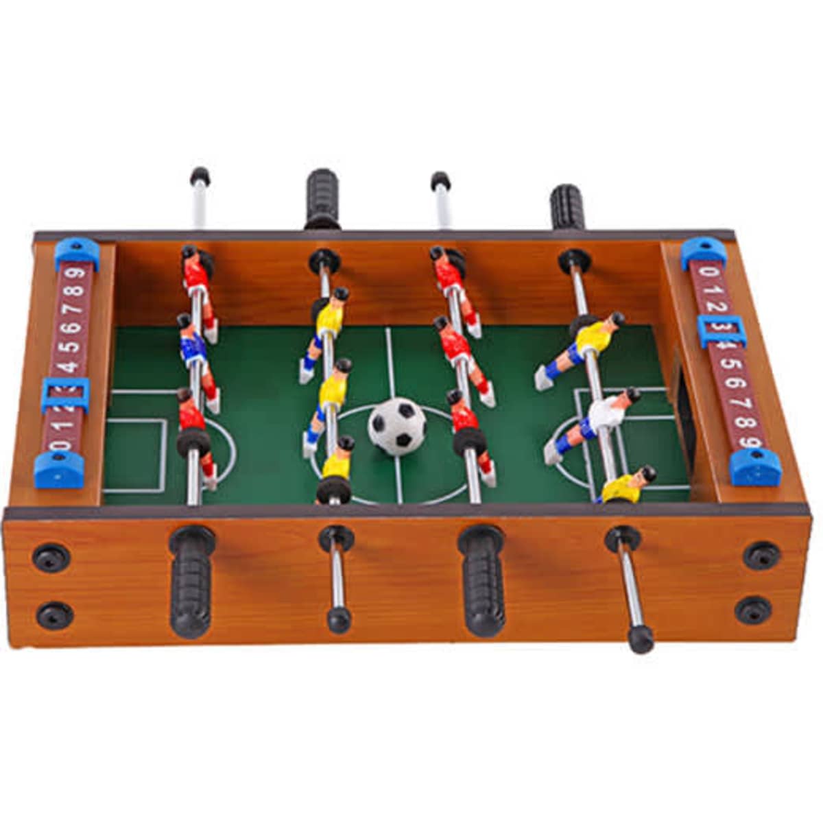 A portable table football game with a green playing field, featuring red and yellow players, and a black and brown wooden frame.