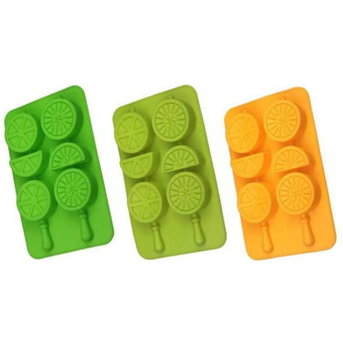 A set of three silicone ice cube trays in green, yellow-green, and orange, shaped like lemon slices and popsicles.
