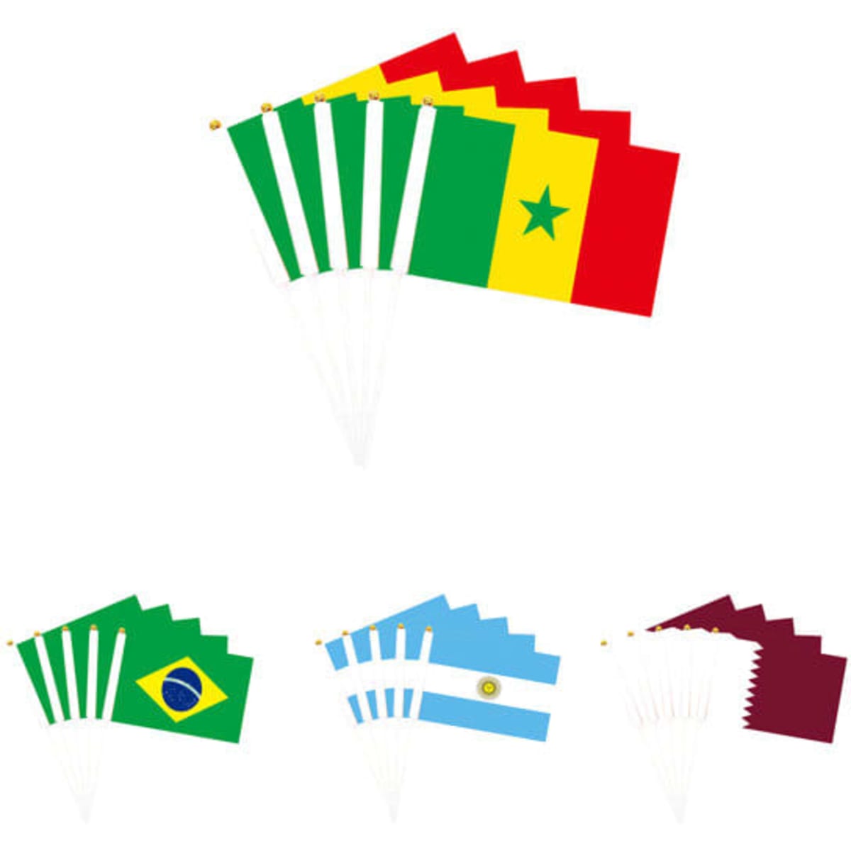 A set of hand waving flags featuring Senegal, Brazil, Argentina, and Qatar, each on a white stick.