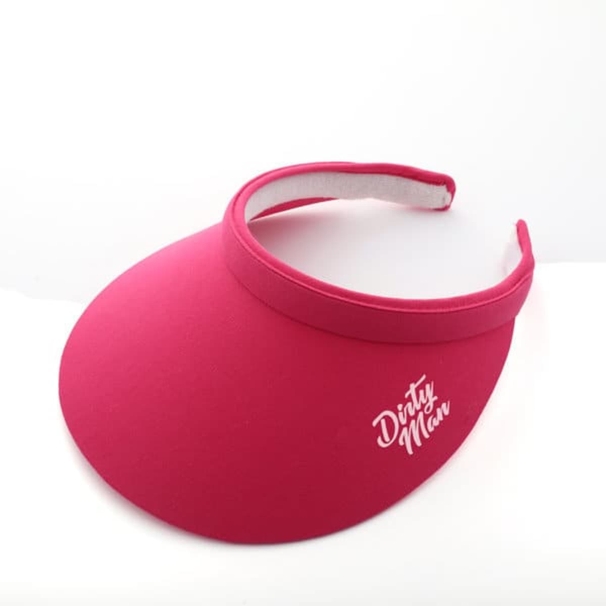 A pink clip-on sun visor with a white logo on the front and a soft interior lining.