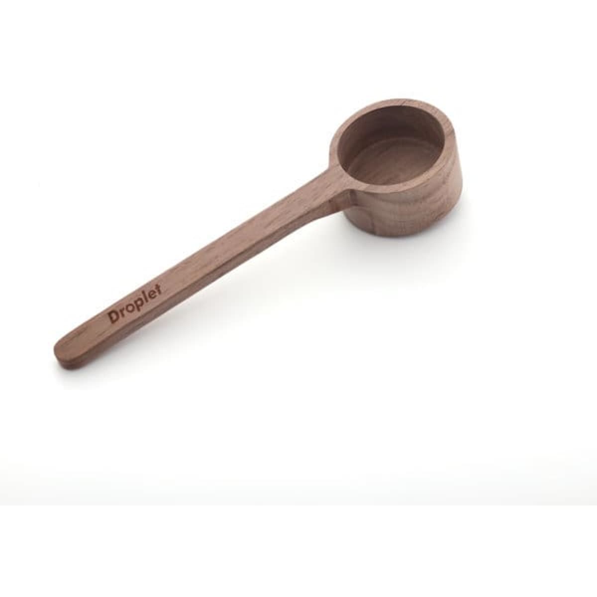 A walnut coffee spoon with a round scoop and a long handle, featuring a logo on the handle.