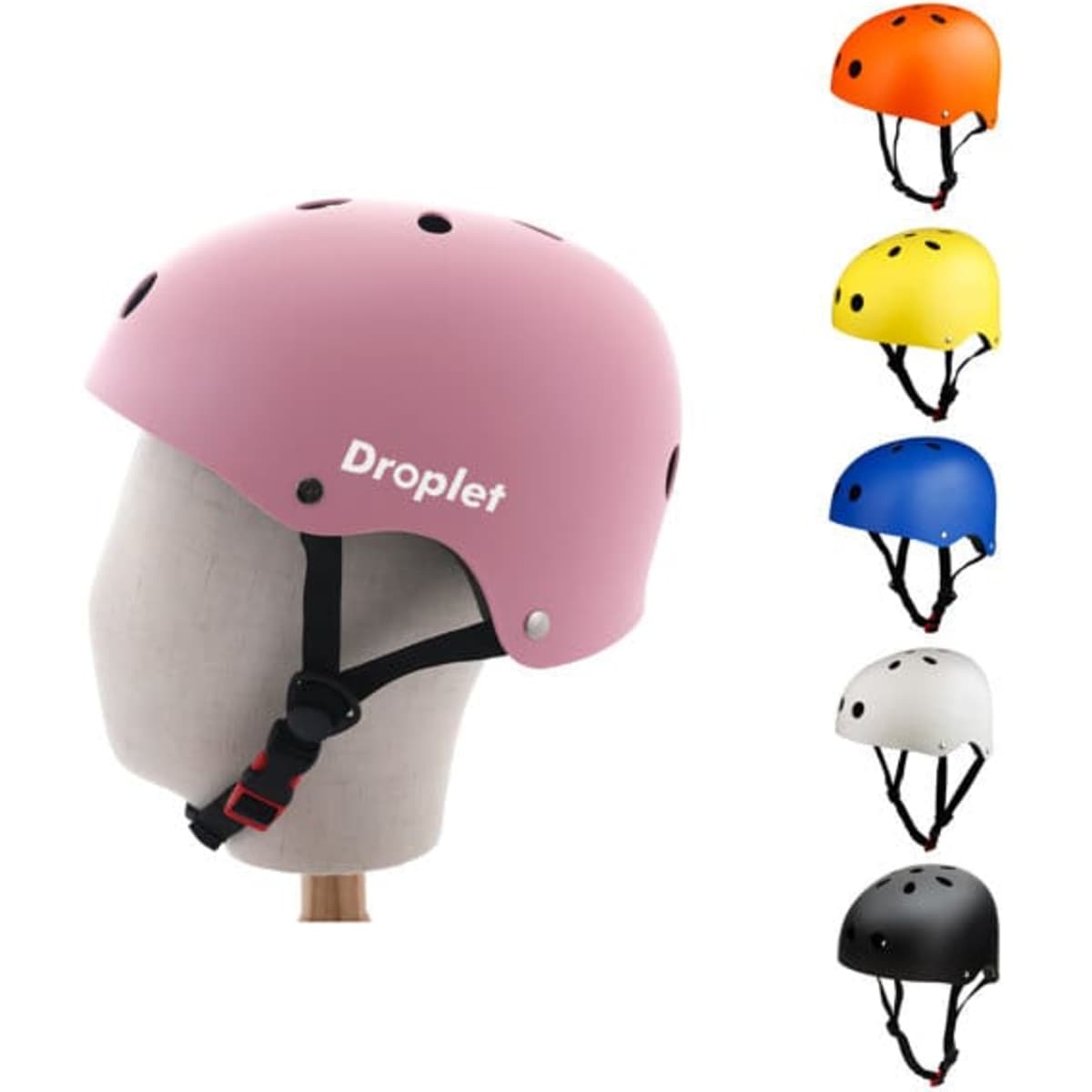 A pink skateboard helmet displayed on a mannequin head, with options in yellow, orange, blue, white, and black.