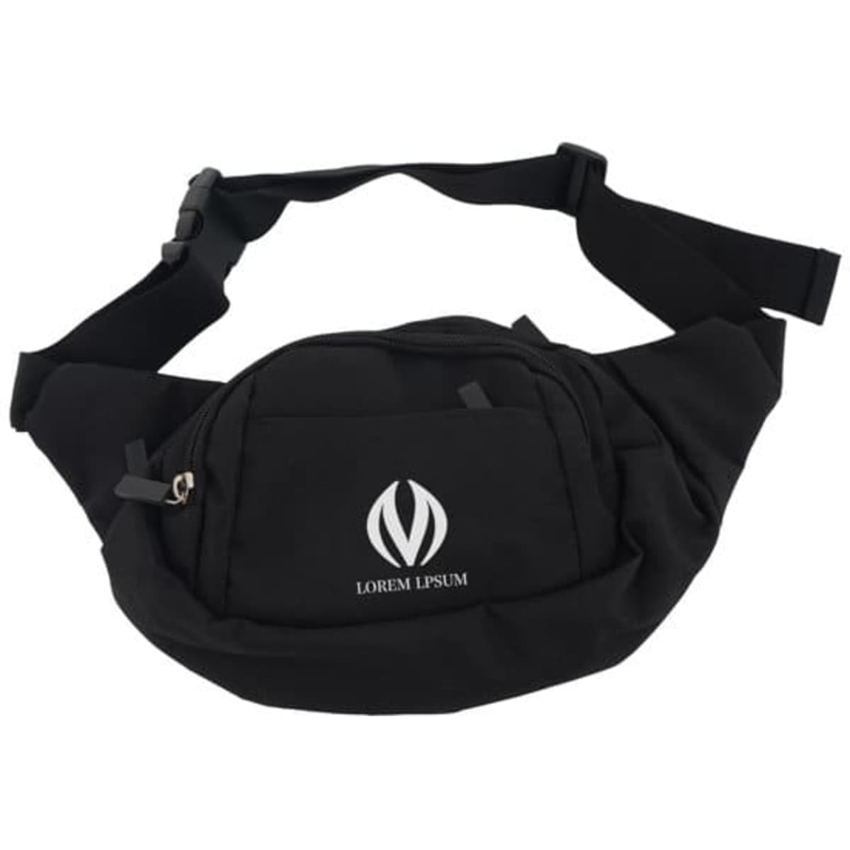 A black portable travel waist pack with a branded logo and adjustable strap. It features a zippered main compartment.