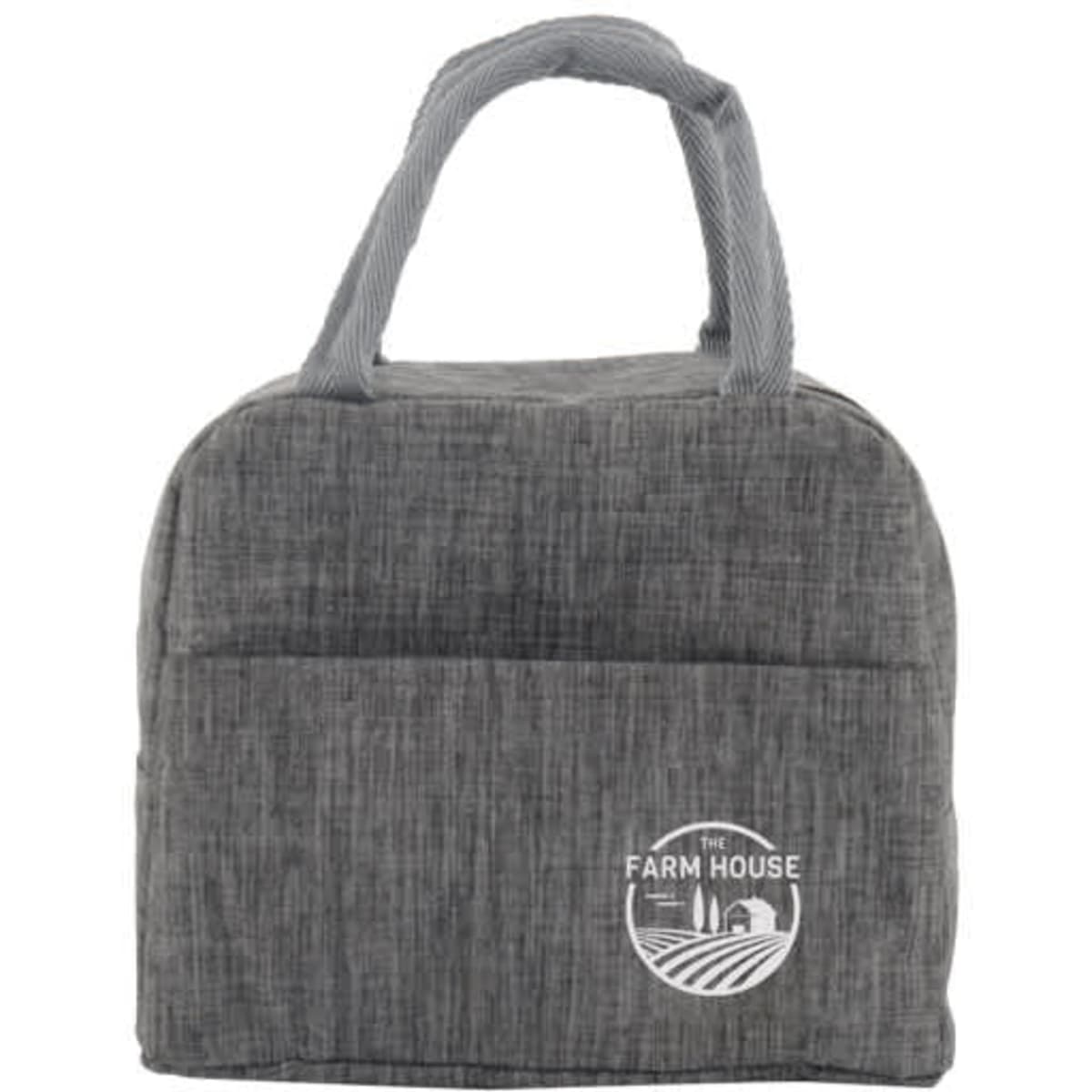 A grey insulated lunch bag with two handles and a front pocket, featuring a logo.
