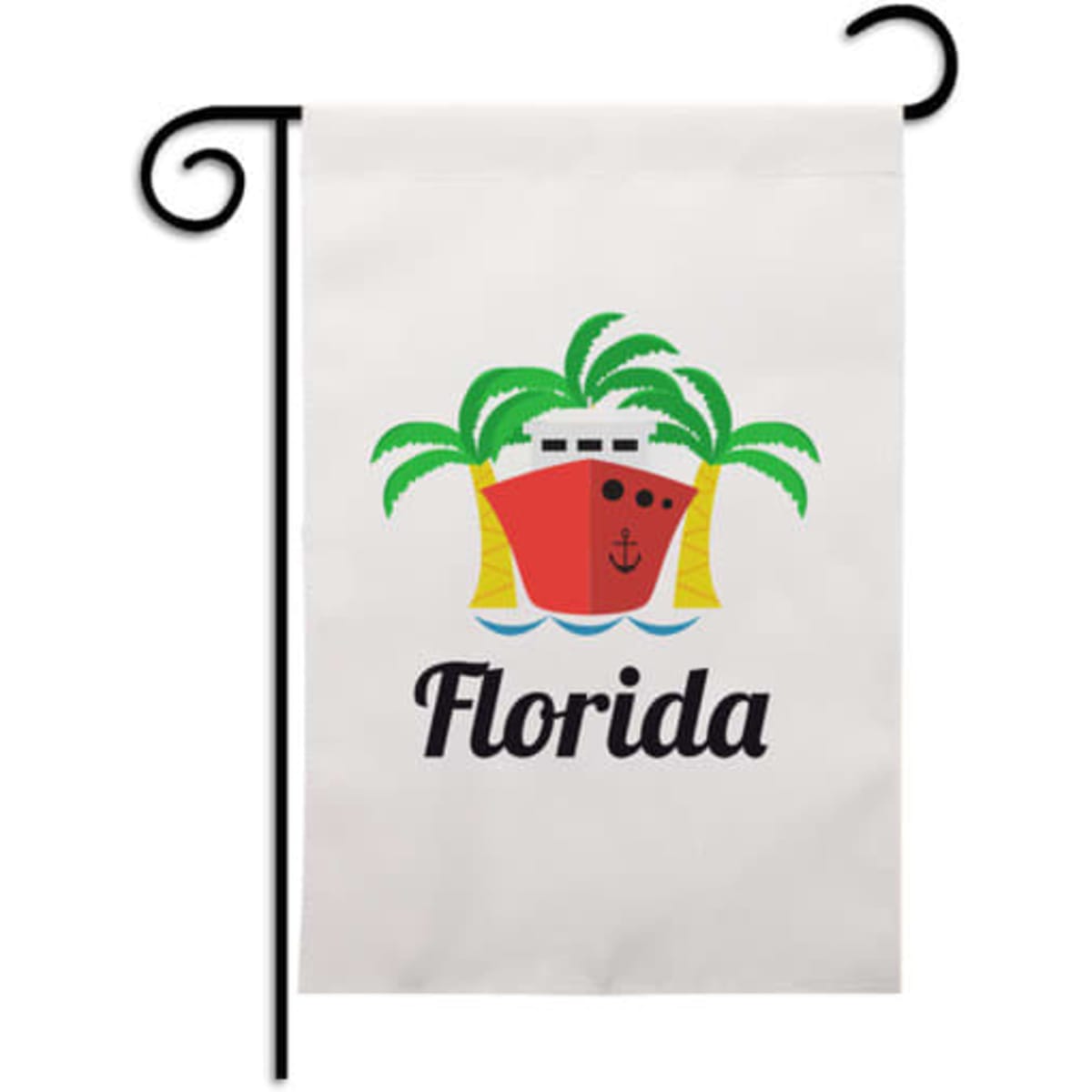 A garden flag featuring a red boat with palm trees and the word "Florida" in black text on a white background.