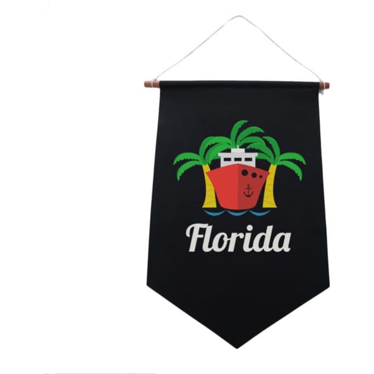 A black camping flag featuring a red boat, palm trees, and the word "Florida." It has a wooden hanging rod.