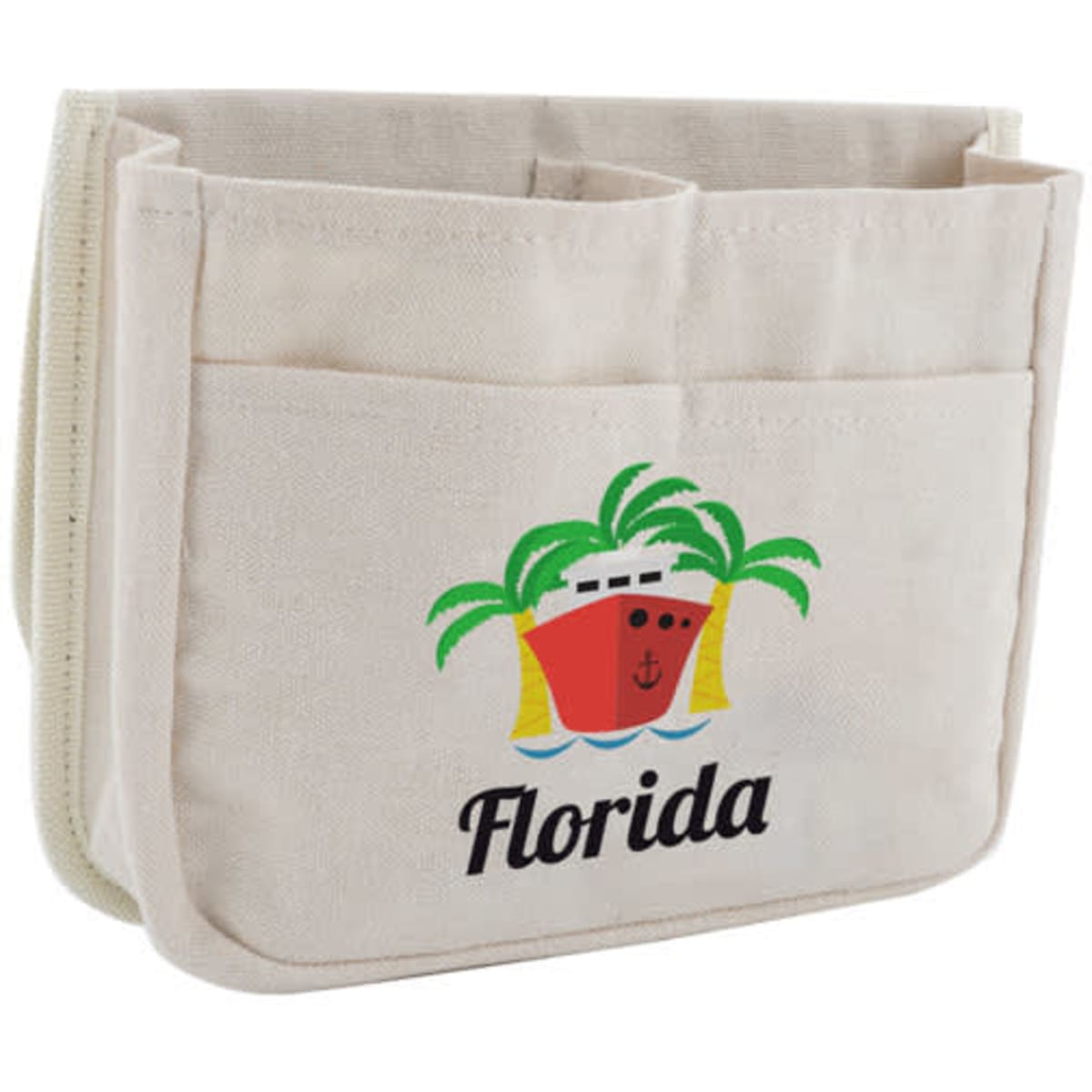 A beige hanging organiser with two pockets and a logo featuring a ship and palm trees, labelled 'Florida'.