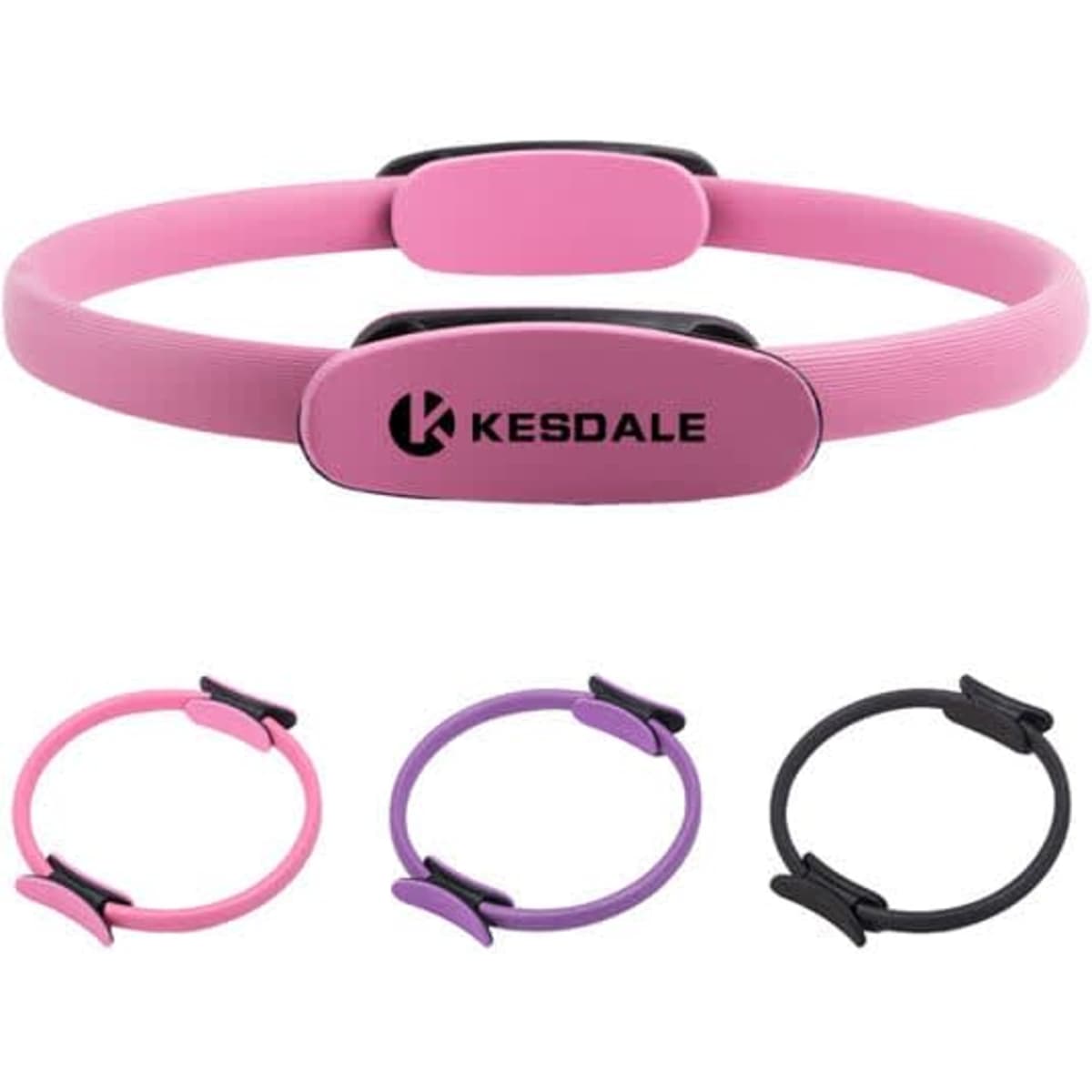 A pink dual grip Pilates ring with black accents, featuring a logo, alongside rings in purple and black.