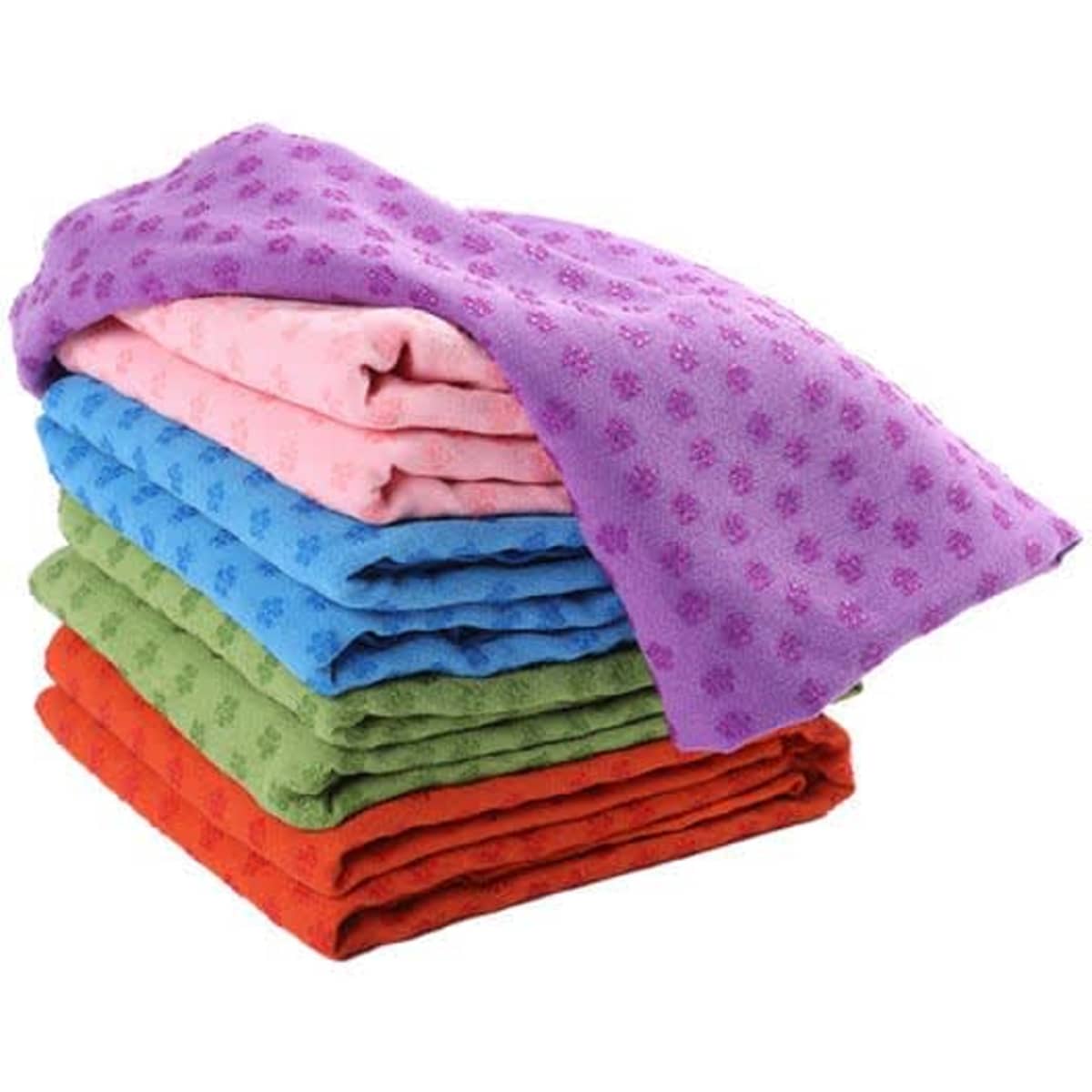 A stack of microfiber yoga towels in purple, pink, blue, green, and red, featuring grip dots and a logo.