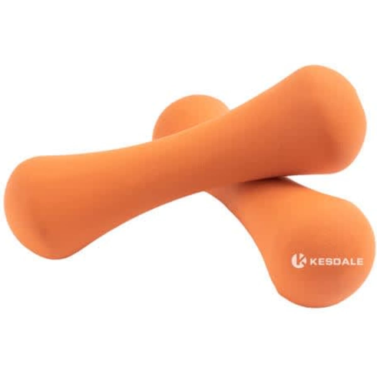 Two orange bone-shaped dumbbells with a smooth surface, featuring a logo on one side.