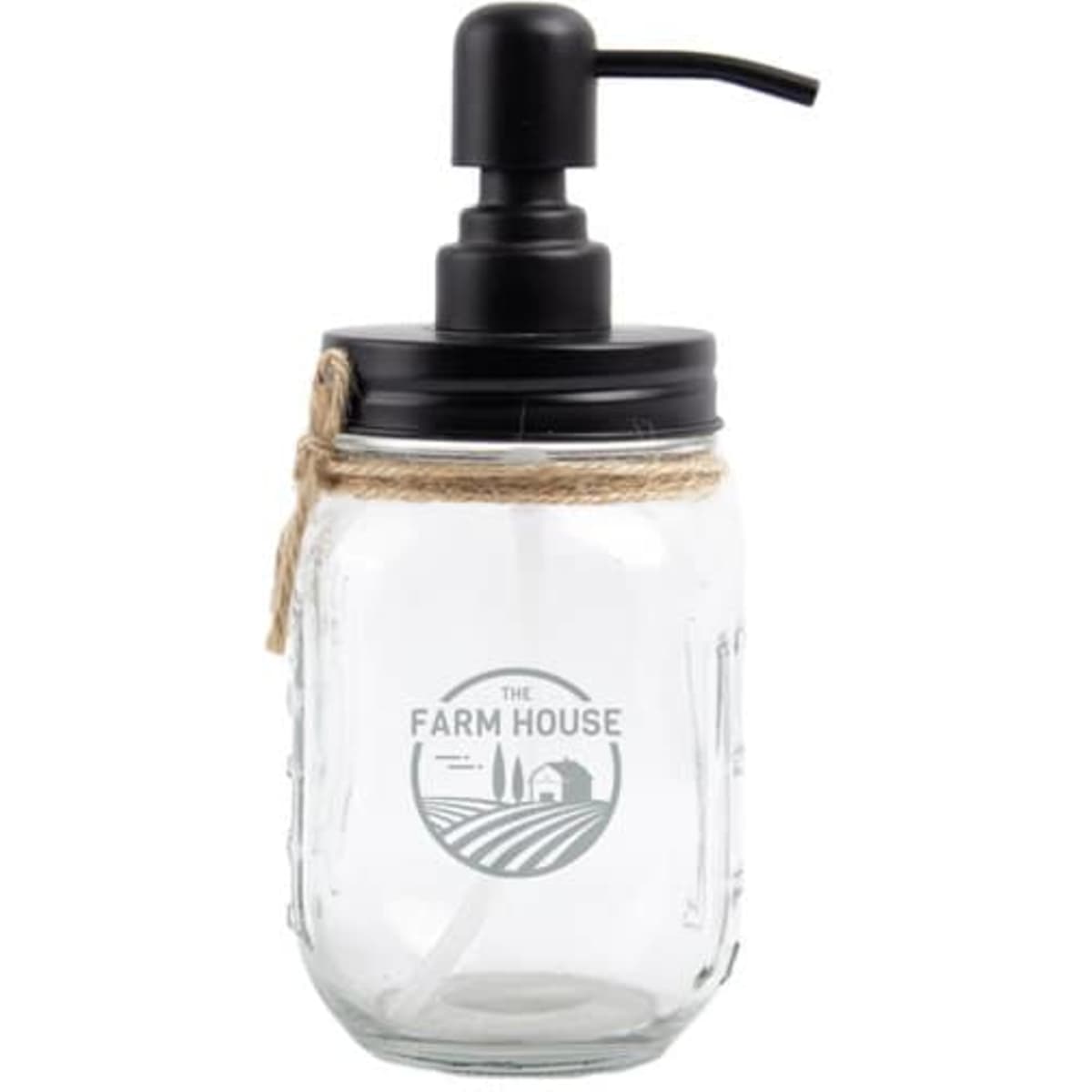 A glass soap dispenser with a black pump lid and twine accent, featuring a decorative logo.
