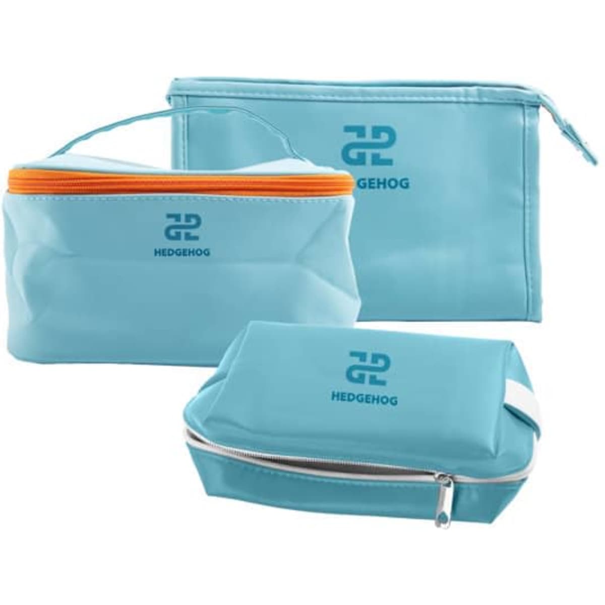 A teal three-piece PU toiletry bag set with a logo, featuring varying sizes and orange zip accents.