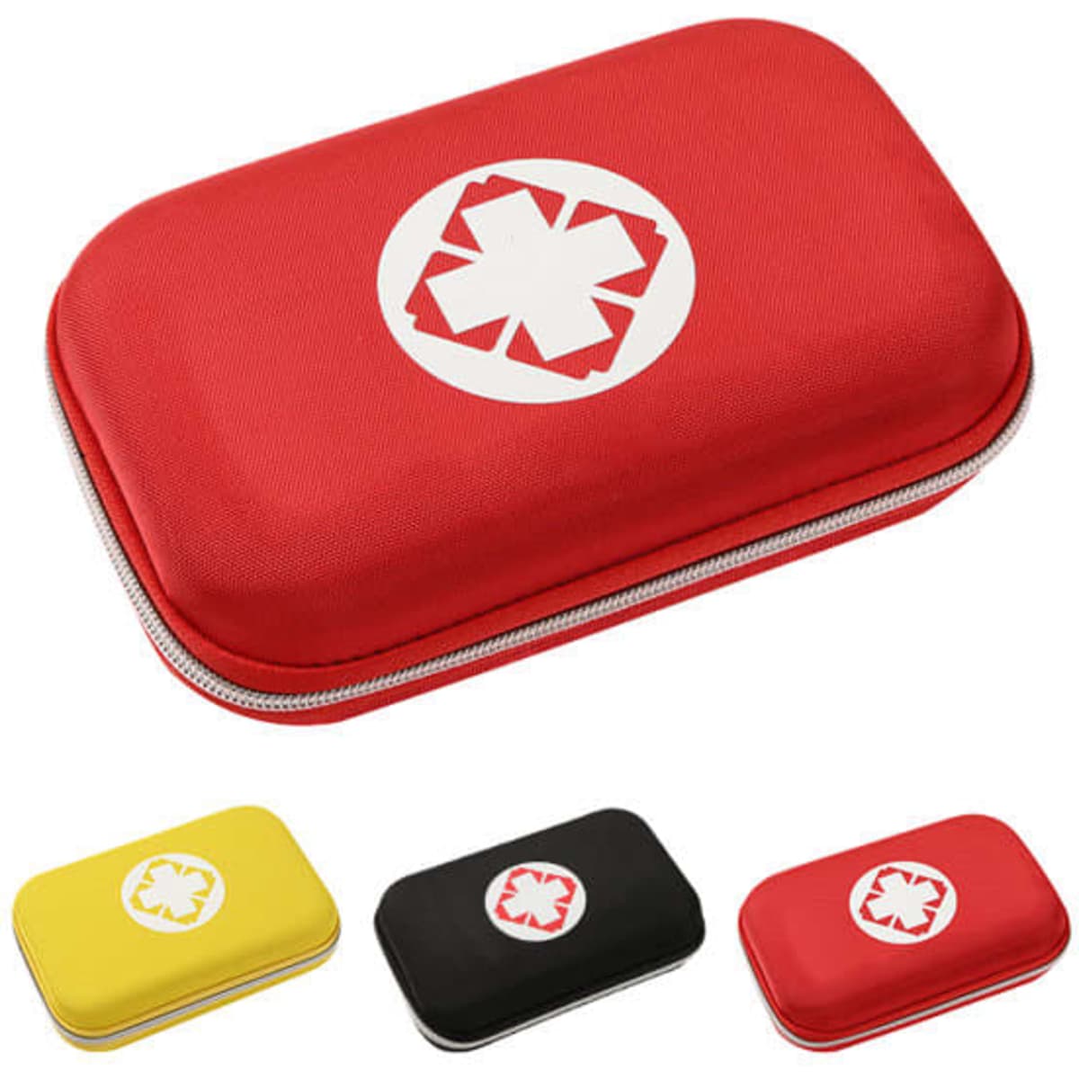 A hard shell first aid kit case in red, black, and yellow, featuring a white medical emblem.
