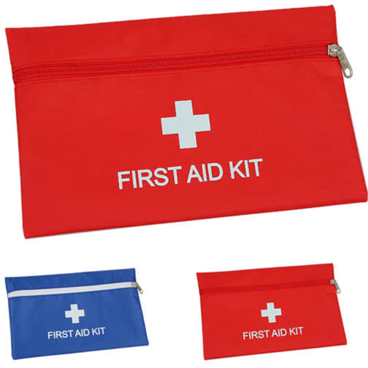 A red and blue first aid pouch featuring a white cross and a zip closure, containing basic first aid supplies.