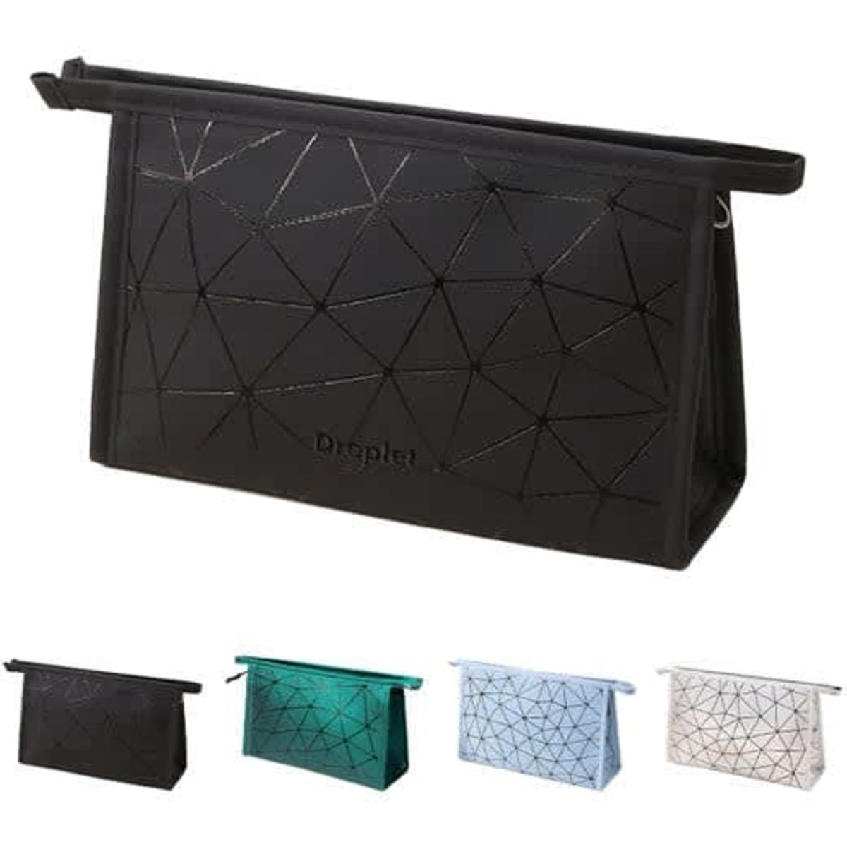 A black PU diamond printed makeup pouch with a geometric pattern and a zip closure, featuring a branding logo.
