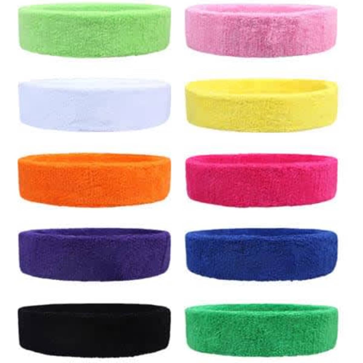 A variety of Terry Cotton Sports Headbands in green, pink, white, orange, purple, blue, black, and more. Each has a soft, fluffy texture.