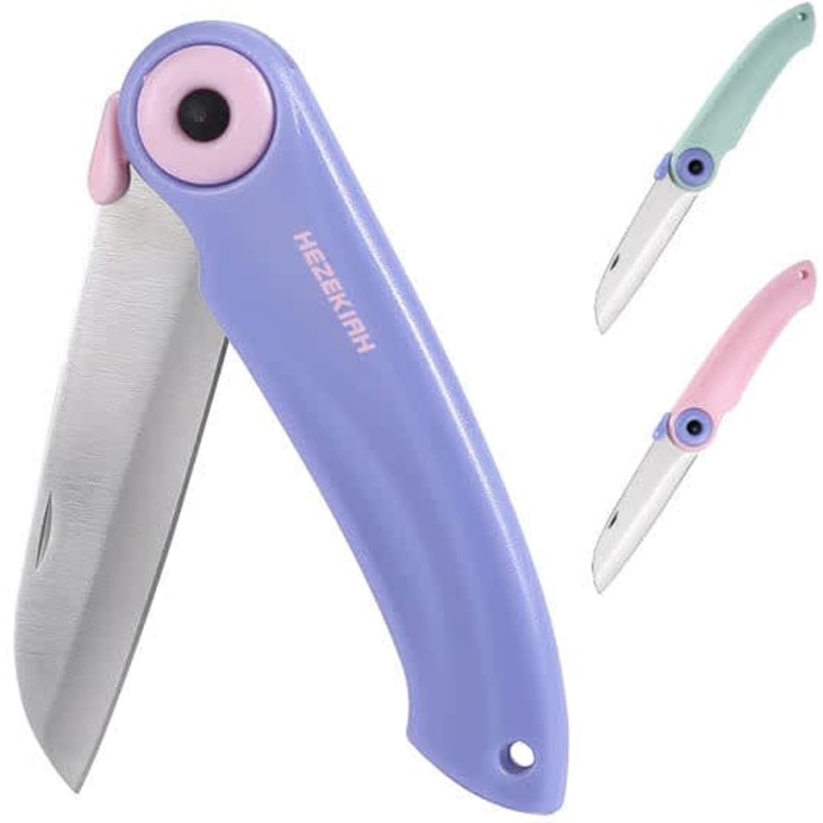 A mini folding fruit knife in lavender with a pink handle, alongside green and pink variants. Features a logo.