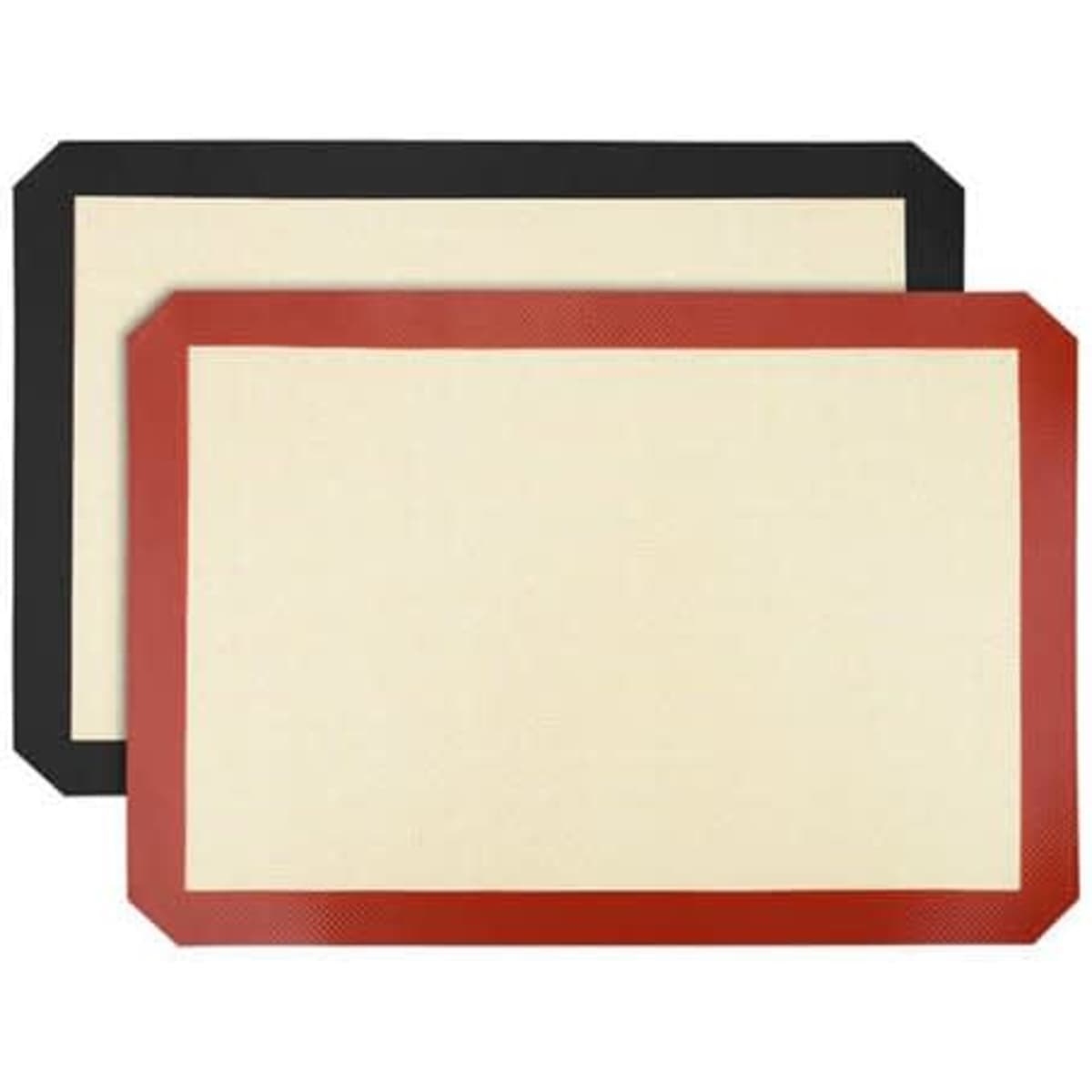 Two non-stick silicone baking mats in black and red, featuring a textured surface and contrasting edges.