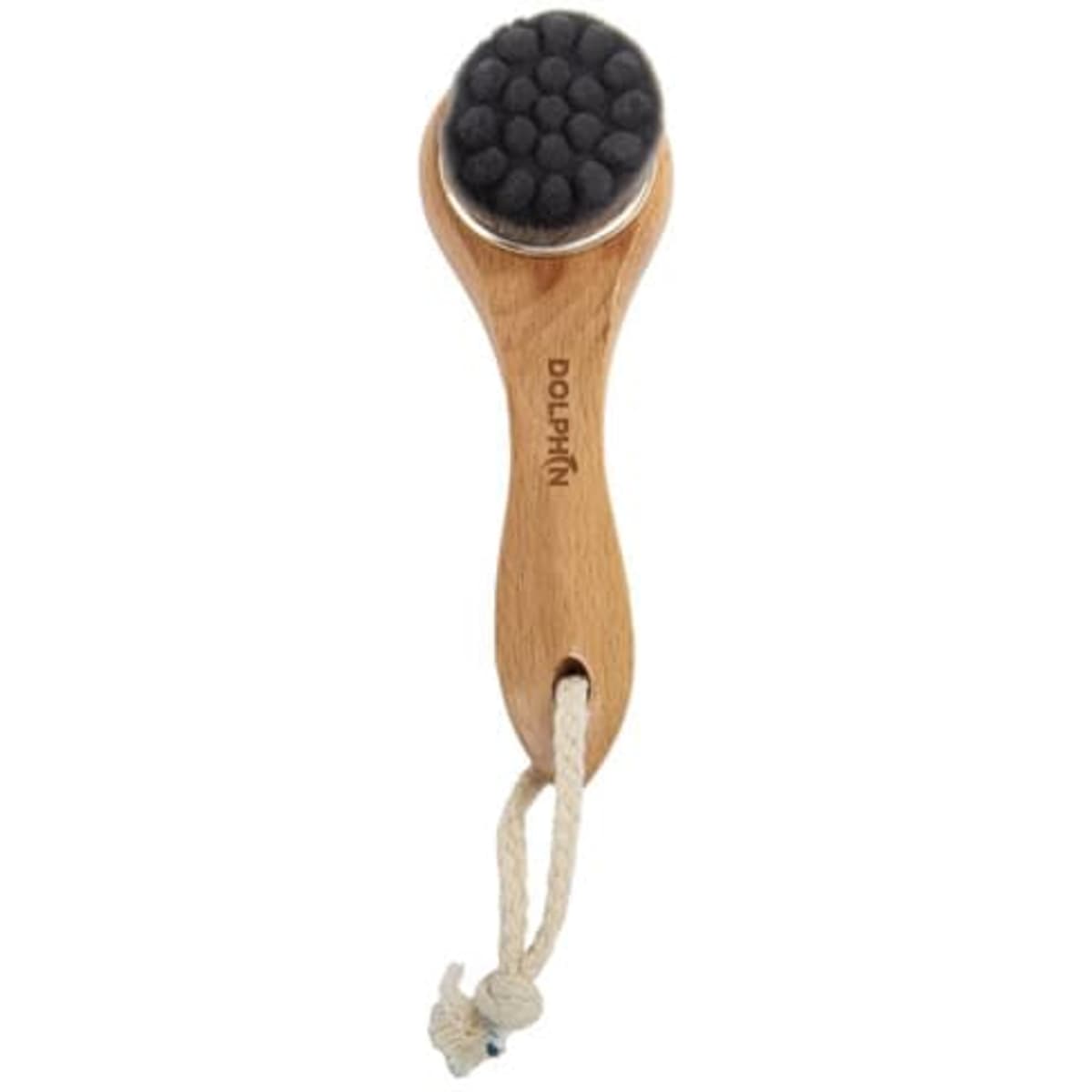 A face cleaning brush with a beech wood handle and a textured black cleaning surface, featuring a hanging loop.