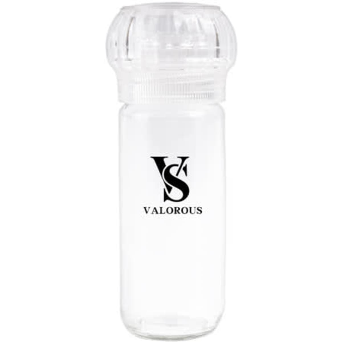 Acrylic pepper grinder bottle in clear design, featuring a transparent cap and a logo on the front.