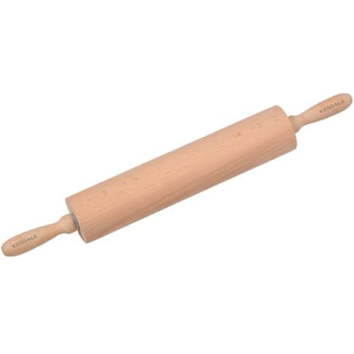 A beech wood rolling pin with light brown colour and classic handles, featuring a logo on one side.