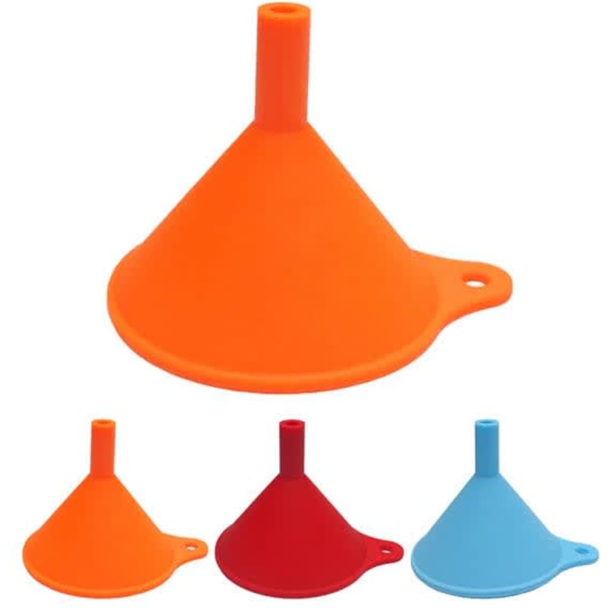 Four silicone funnels in orange, red, and blue, featuring a narrow spout and a hole for easy hanging.