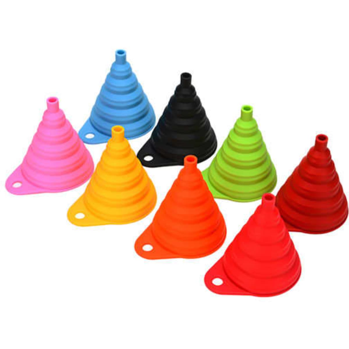 Eight silicone foldable funnels in various colours, including pink, blue, black, green, orange, and red. Each funnel is tapered.