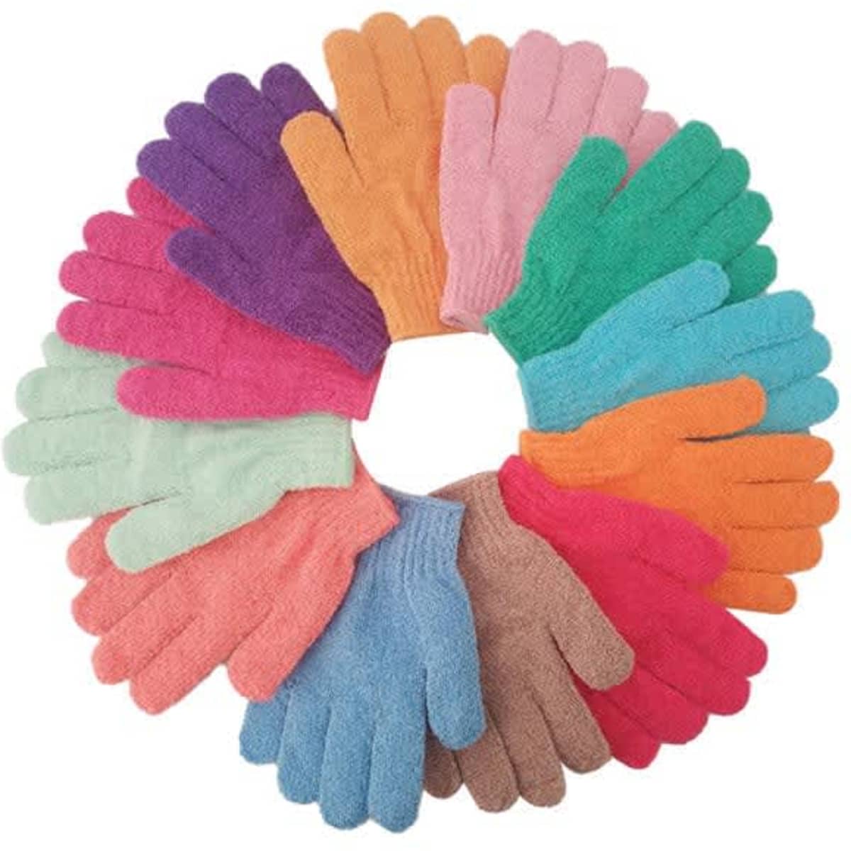 A circle of exfoliating bath gloves in various colours, including purple, pink, orange, green, and blue.