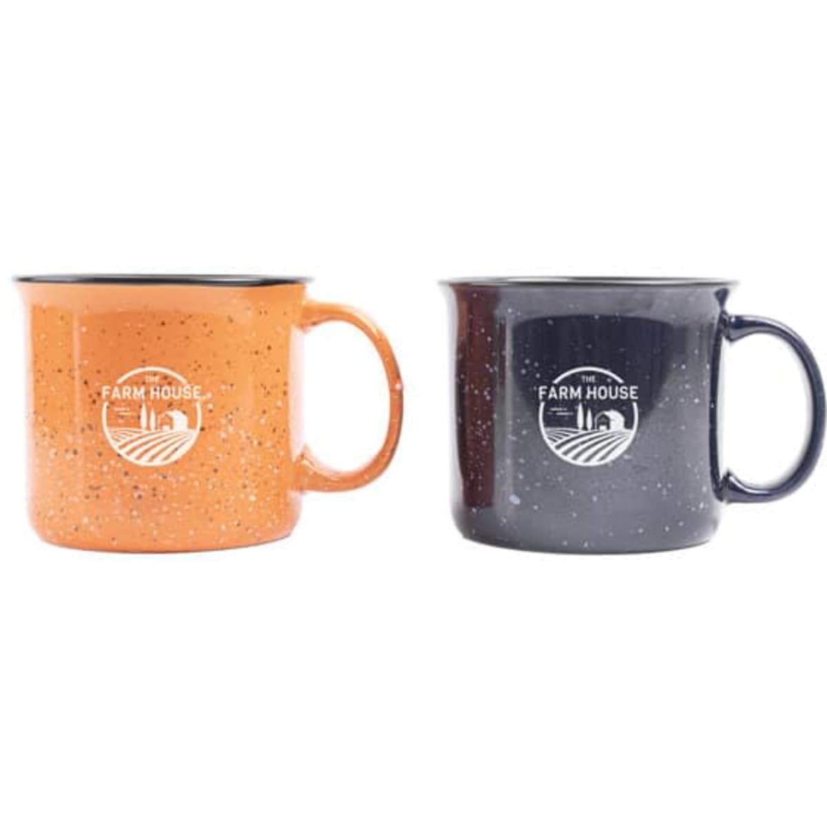 A ceramic campfire mug set featuring an orange and a dark blue mug, each with a logo.