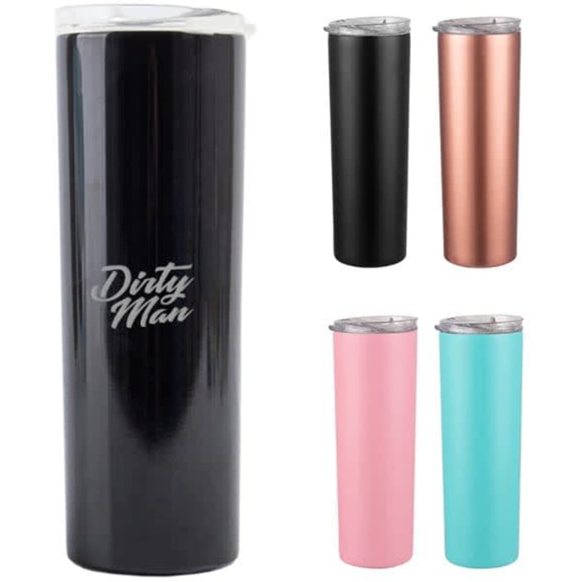 A drink bottle featuring a slim, straight design in black, copper, pink, and turquoise, with a lid and logo.