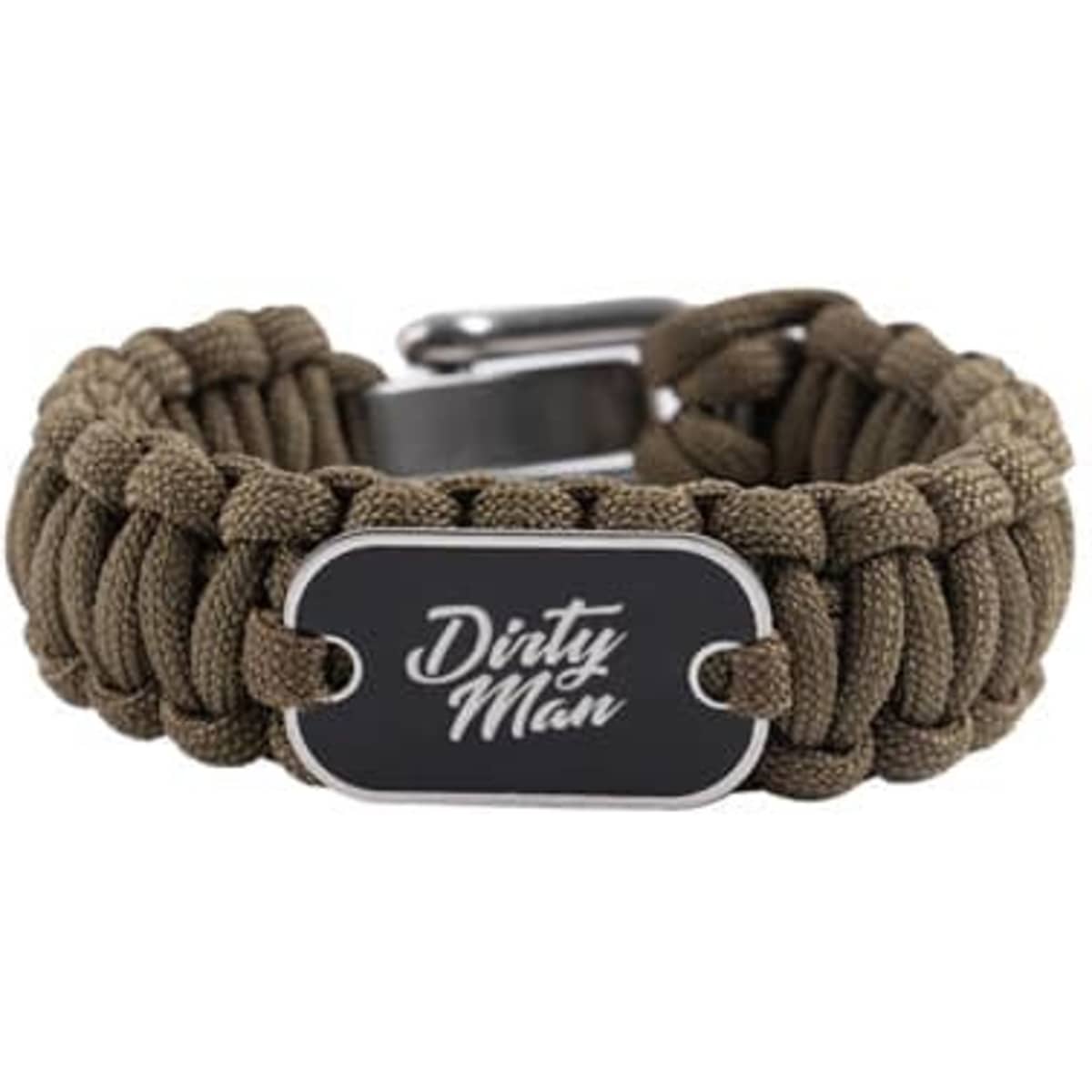 A brown paracord survival bracelet featuring a metal nameplate and a sturdy clasp, with a branded logo.