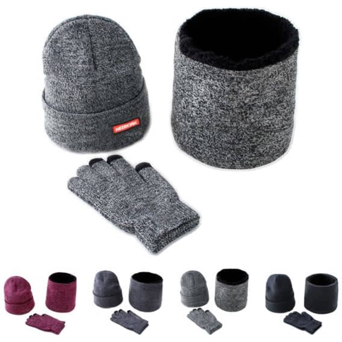 A beanie, scarf, and gloves set in grey and black, featuring a textured design and a logo.