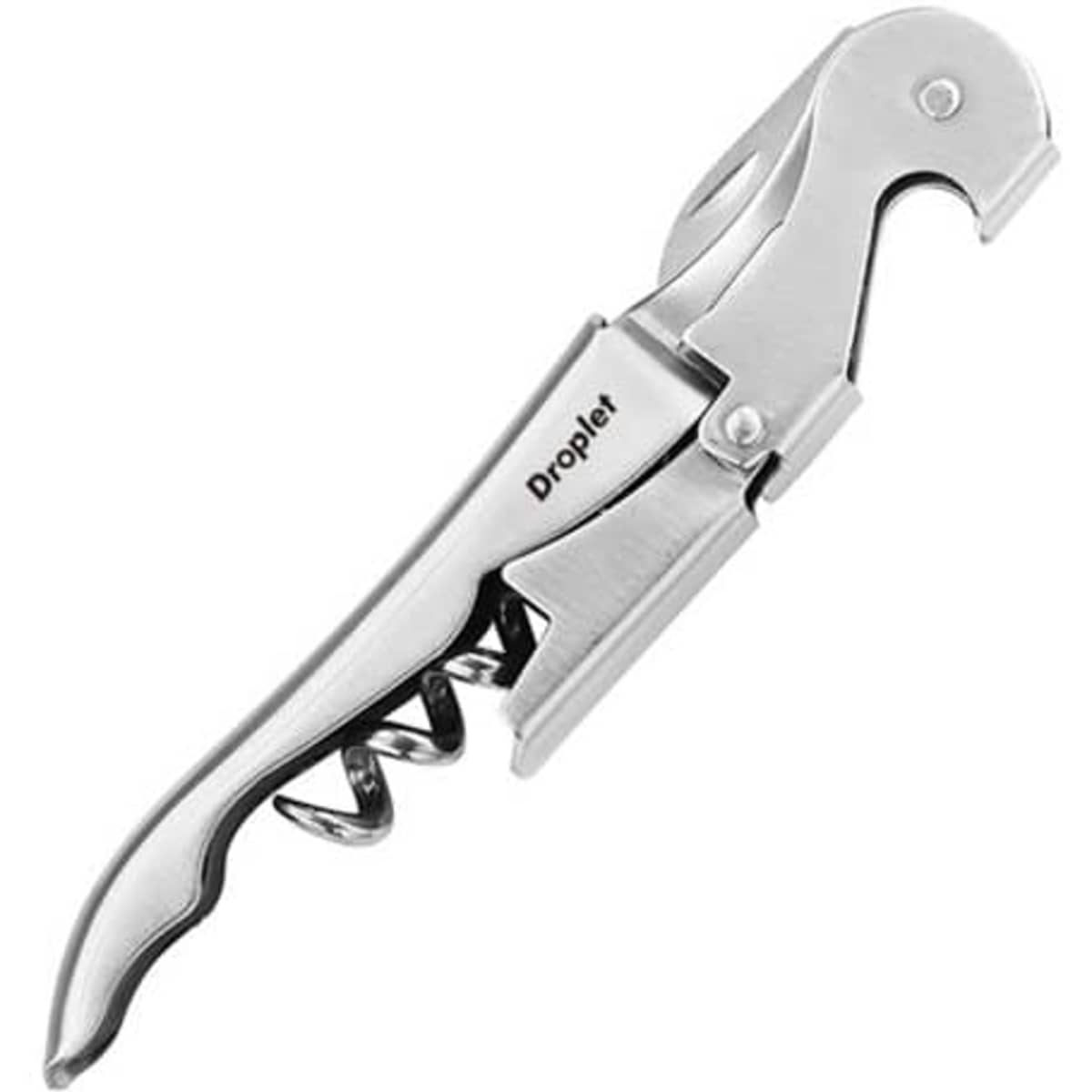 A double hinged corkscrew in sleek silver metal with a logo, designed for opening bottles.
