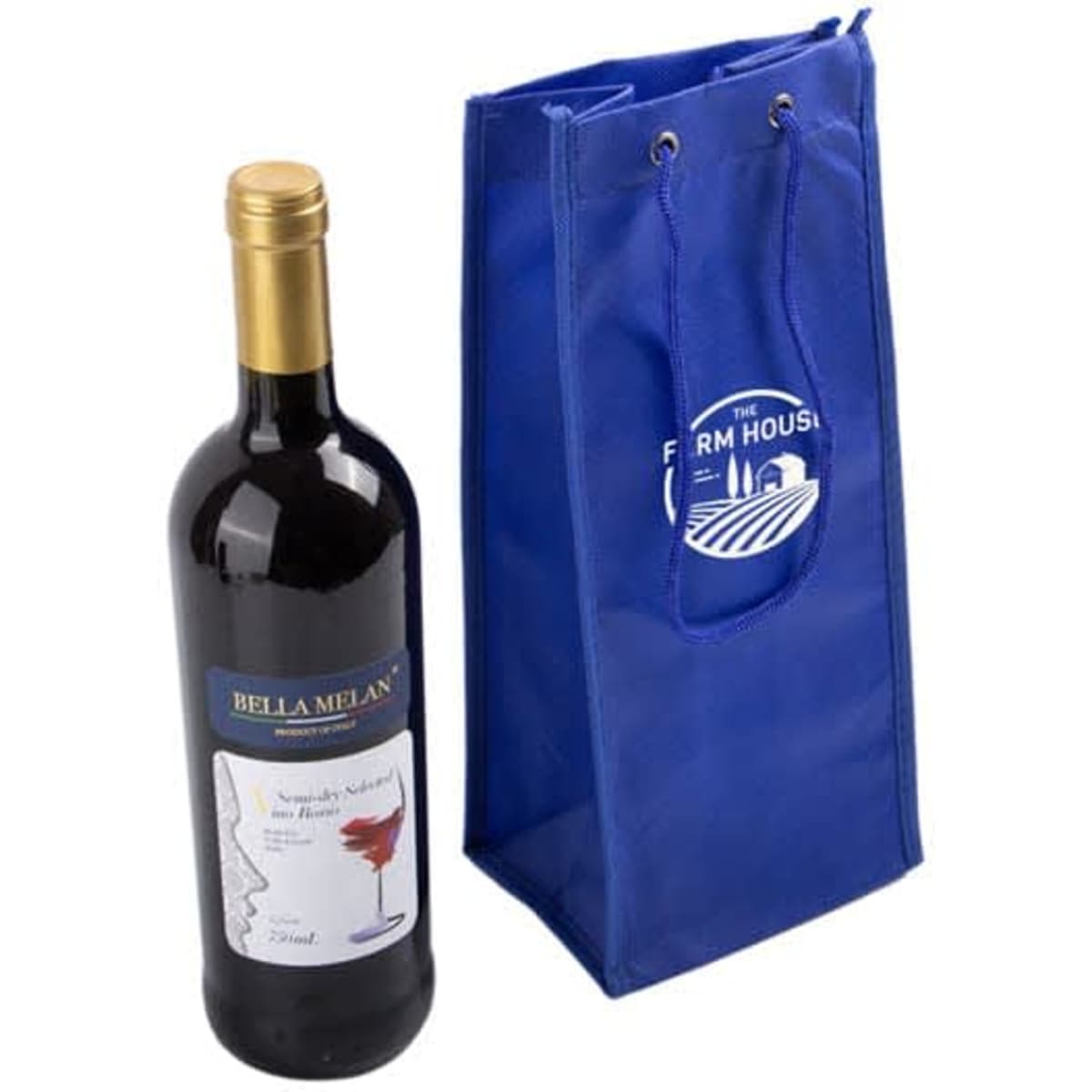 A drink bottle in a blue non-woven single wine bag, featuring a logo and a gold bottle neck.