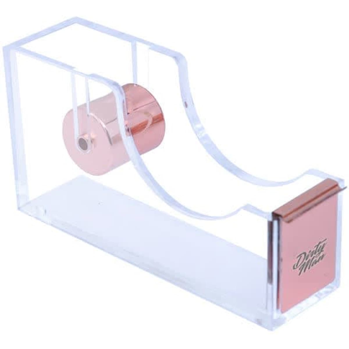 Acrylic desktop tape dispenser in clear with rose gold accents, featuring a sleek, modern design and branding.
