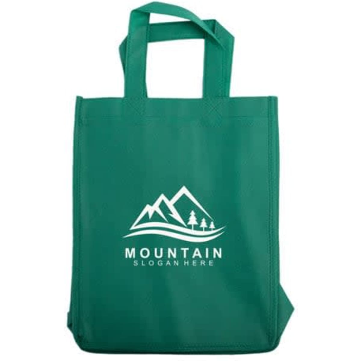 A green, double-layer non-woven wine bag featuring a logo of mountains and trees on one side.